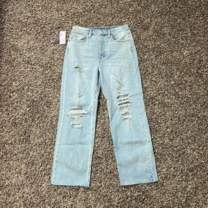 light-wash distressed straight jeans